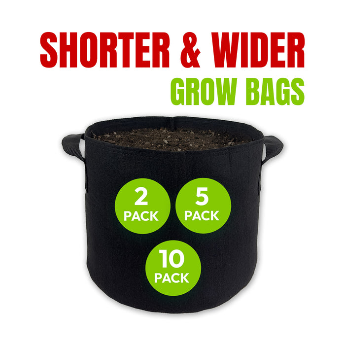 2,5 & 10 Pack Shorter & Wider Grow Bags for Shallow Rooting Vegetables & Flowers