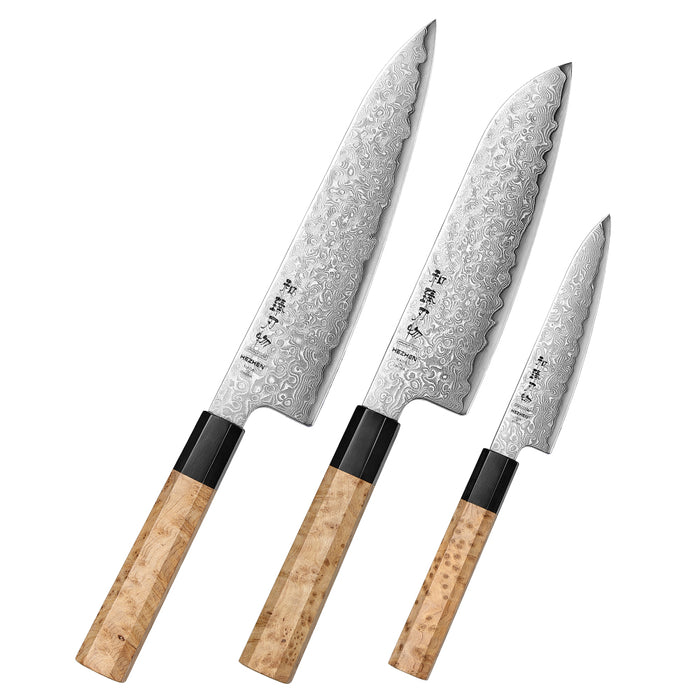 Hezhen 3 Pcs Chef Knife Set Japanese Aogami Blue 2 Steel High Carbon Core 49 Layers Damascus Steel Sycamore Handle