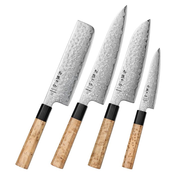 Hezhen 4 Pcs Chef Knife Set Japanese Aogami Blue 2 Steel High Carbon Core 49 Layers Damascus Steel Sycamore Handle