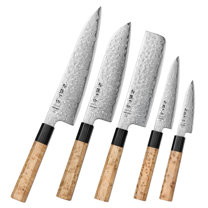 Hezhen 5 Pcs Chef Knife Set Japanese Aogami Blue 2 Steel High Carbon Core 49 Layers Damascus Steel Sycamore Handle Nakiri