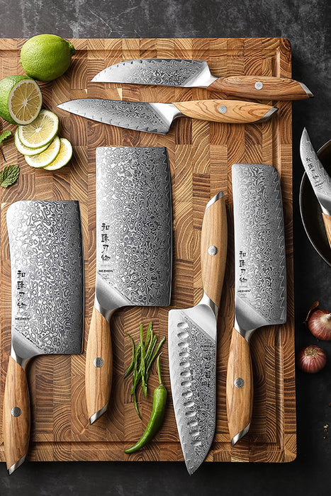 7 Pcs Chef Knife Set 73 Layers Damascus Powder Steel with Olive Wood Handle - X01 Flagship Series