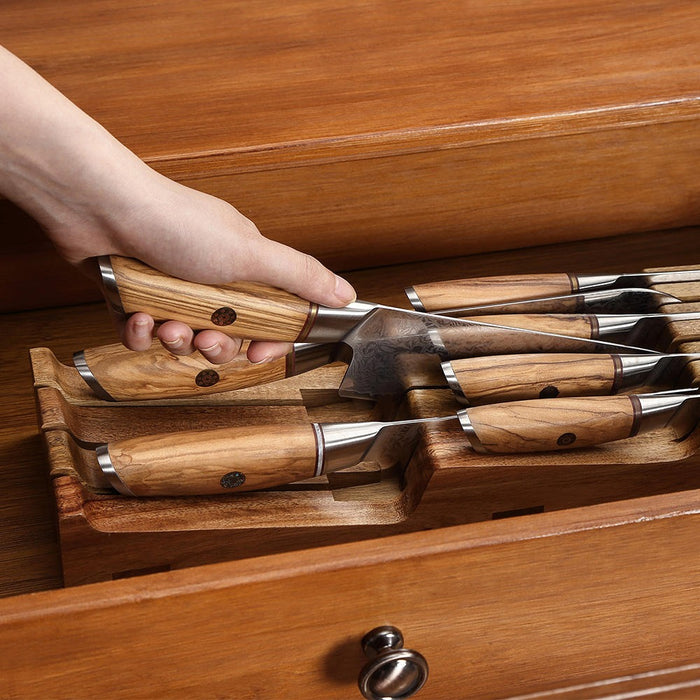 Xinzuo 7 & 11 Slot Knife Drawer Organizer Natural Solid Acacia Wood Drawer Knife Holder