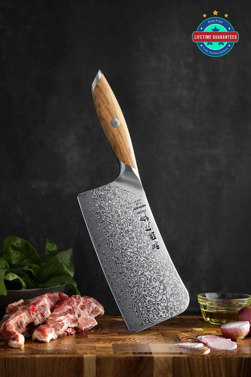 Hezhen X01 Flagship Series 67 Layer Full Tang Raindrop Damascus Steel Meat Cleaver Knife with Olive Wood Handle