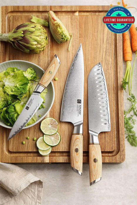 Xinzou B37S 3 pc Composite Stainless Steel Kitchen Knife Set Chef, Santoku, Utility with Pakka Wood Handle - The Bamboo Guy