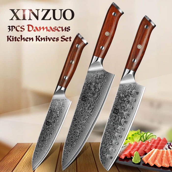 Xinzuo B13R 3 Pcs 67 Layer Damascus Steel Chef, Santoku, and Utility Knife Set