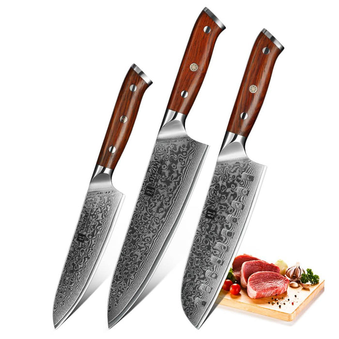 Xinzuo B13R 3 Pcs 67 Layer Damascus Steel Chef, Santoku, and Utility Knife Set