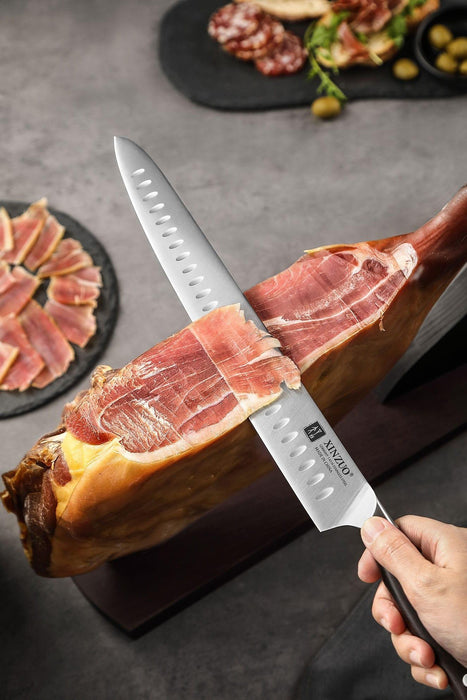 Xinzuo B35 12 inch German Steel Premium Red Sandalwood Handle Kitchen Meat Slicing Granton Carving Knife - The Bamboo Guy