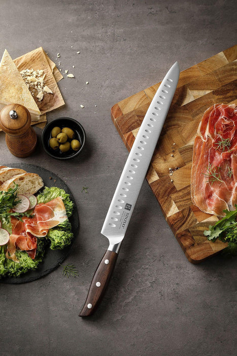 Xinzuo B35 12 inch German Steel Premium Red Sandalwood Handle Kitchen Meat Slicing Granton Carving Knife - The Bamboo Guy