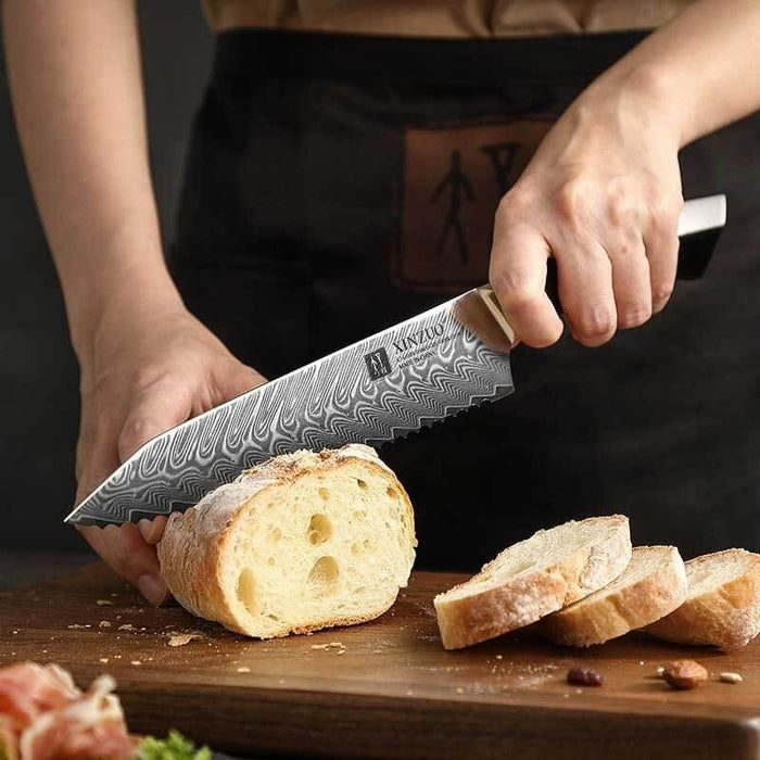 XINZUO B32 67 Damascus Steel Bread knife with Black G10 Handle and Brass Rivet