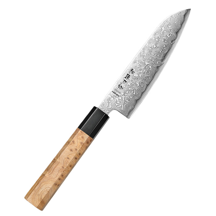 Hezhen Japanese Aogami Santoku Knife 5.5" Blue 2 Steel High Carbon Core 49 layers Damascus Steel Sycamore Handle