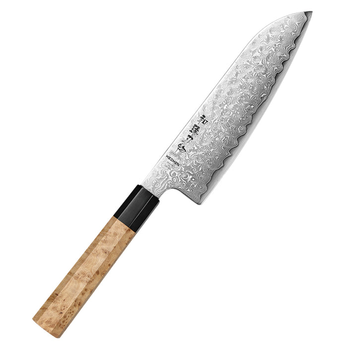 Hezhen Japanese Aogami Santoku Knife Blue 2 Steel High Carbon Core 49 layers Damascus Steel Sycamore Handle